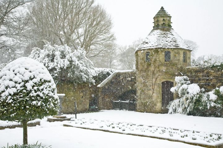 Dovecote and Topiary in Snow