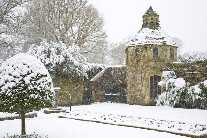 Dovecote and Topiary in Snow