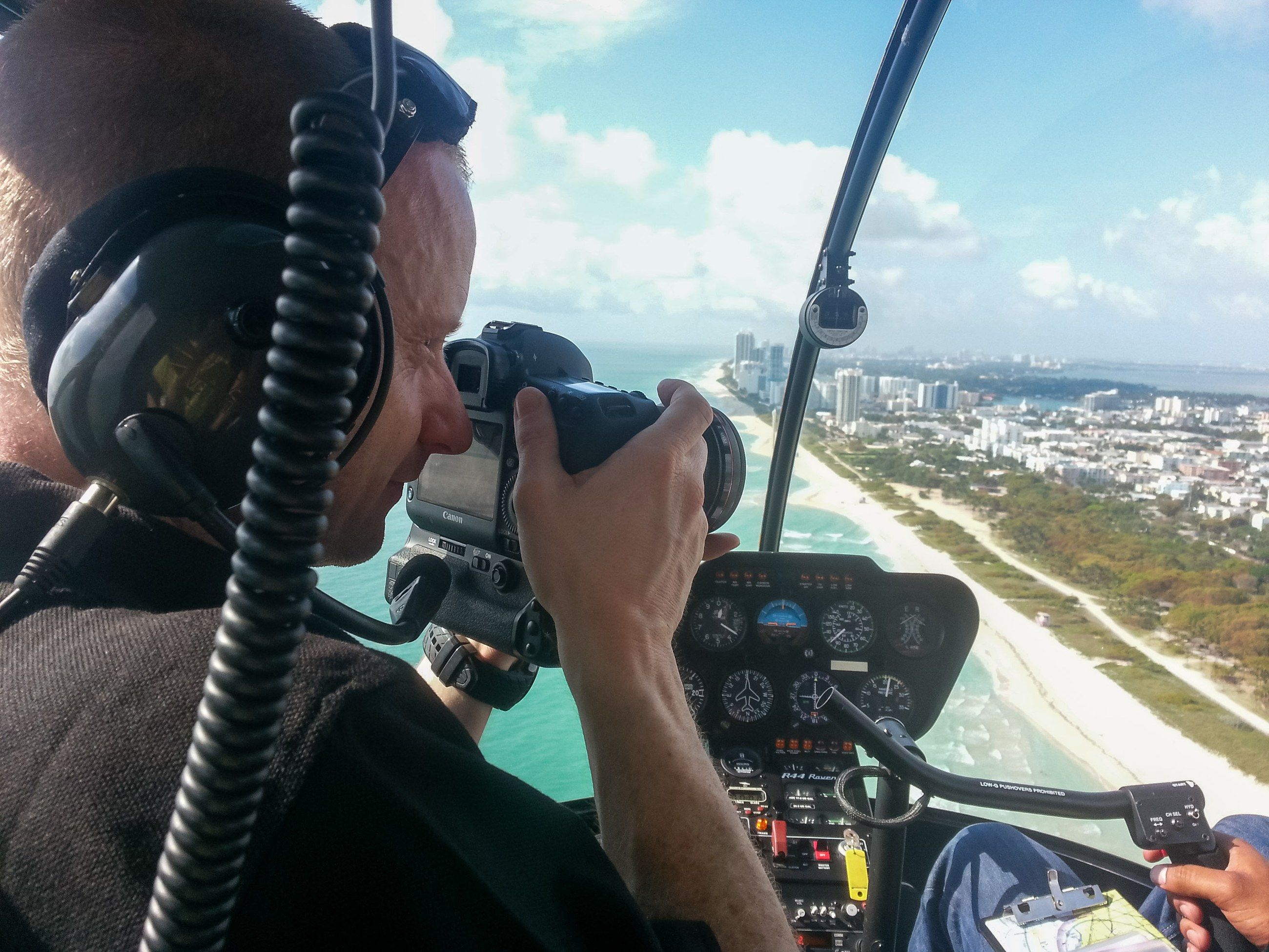 Shooting aerials from the front seat of a helicopter